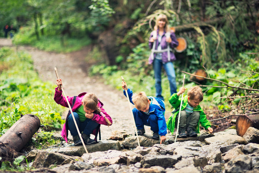 Mother and kids hiking in forest